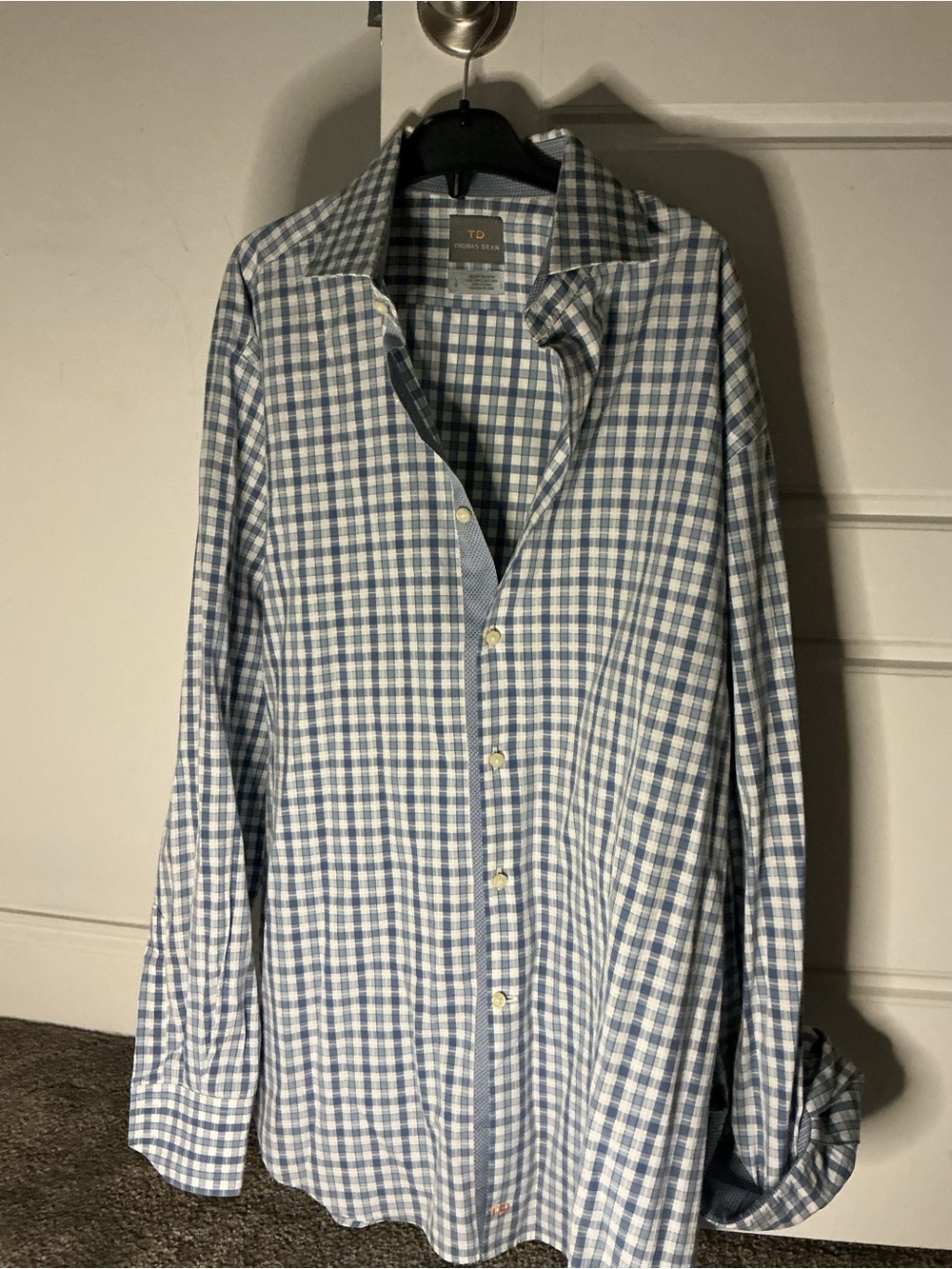 Thomas Dean Light Blue and White Check Button-Up Shirt